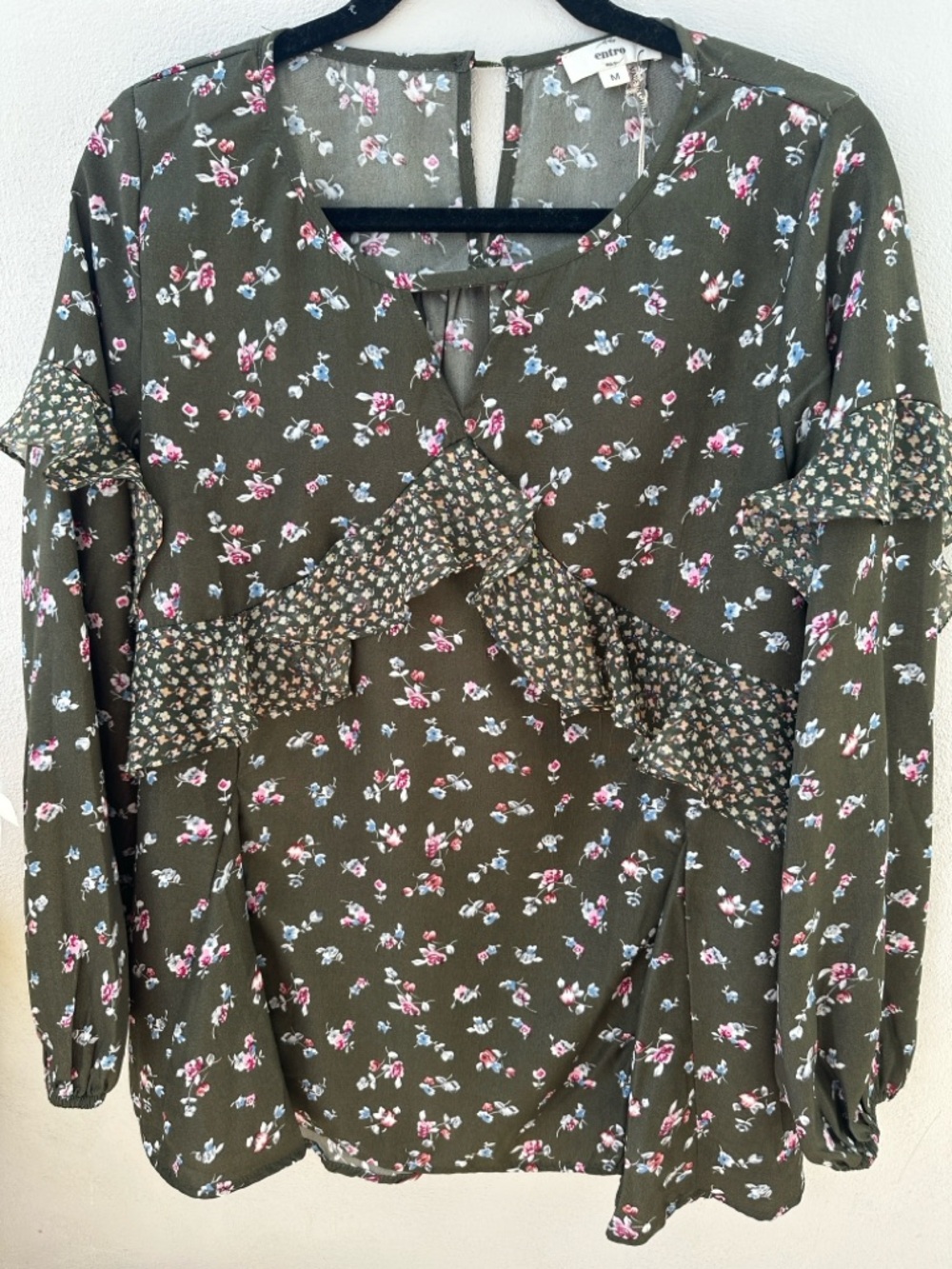 ENTRO Olive Floral blouse with Pink, blue & White Blooms
